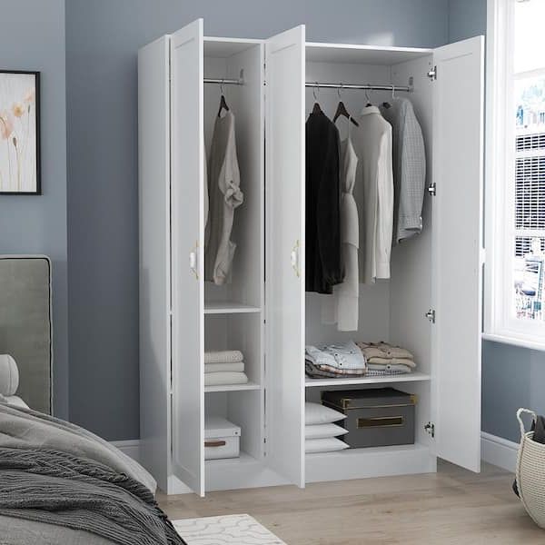 Most Current Wardrobes With 3 Hanging Rod Intended For Fufu&gaga White 3 Doors Armoires Wardrobe With Hanging Rod And Storage  Cubes 69.6 In. H X 47.2 In. W X 19.6 In. D Kf310028 – The Home Depot (Photo 1 of 10)