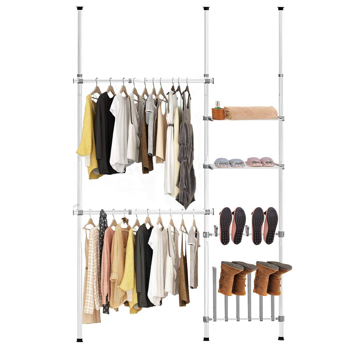 Most Popular Amazon: Tangkula 2 Tier Adjustable Closet System, Floor To Ceiling  Clothes Hanger With Storage Shelf & Shoes Hooks, Garment Rack Hanger Rod  Telescopic Clothes Organizer For Living Room, Bedroom : Home & With 2 Tier Adjustable Wardrobes (Photo 10 of 10)