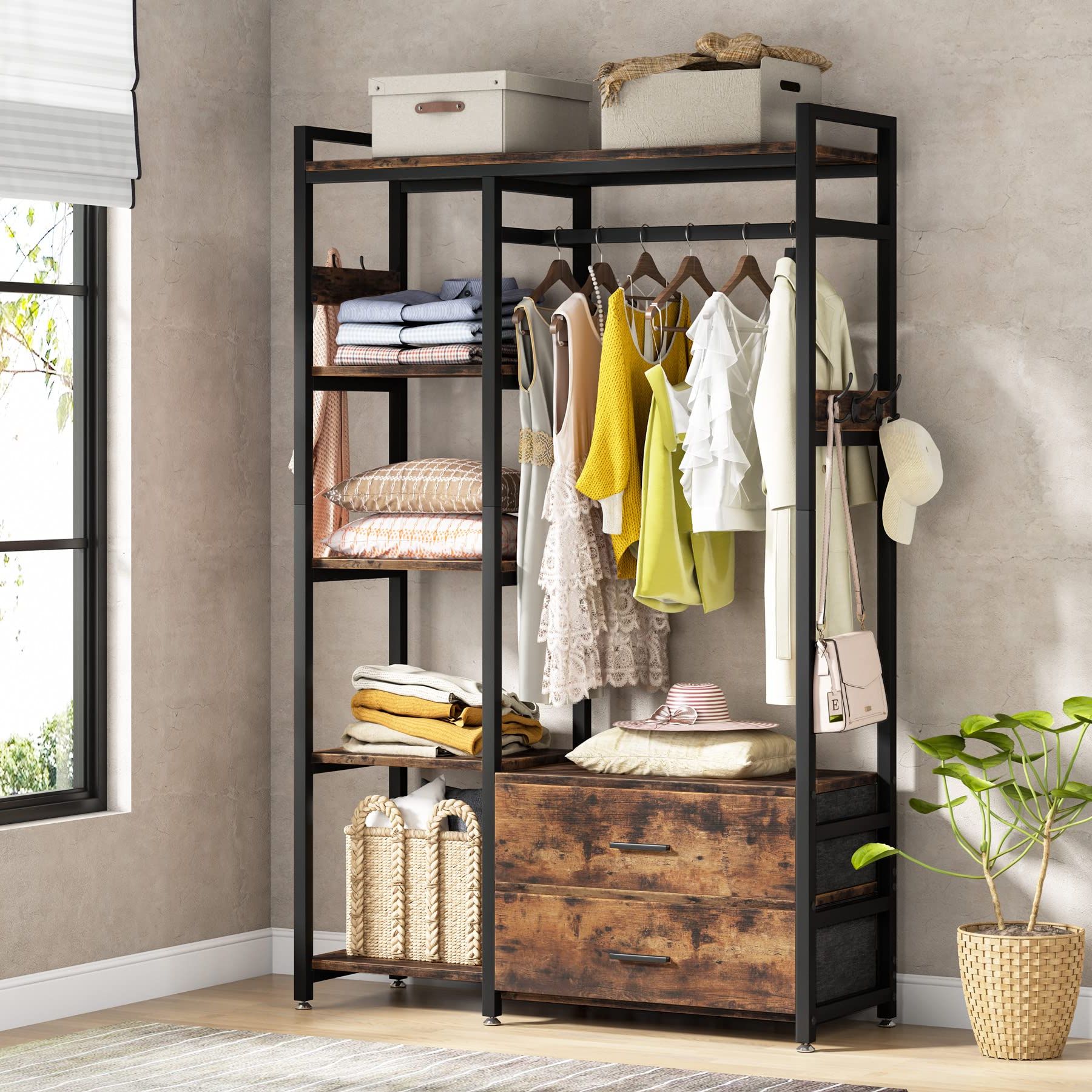 Most Recent Standing Closet Clothes Storage Wardrobes Regarding Amazon: Tribesigns Freestanding Closet Organizer, Clothes Rack With  Drawers And Shelves, Heavy Duty Garment Rack Hanging Clothing Wardrobe  Storage Closet For Bedroom, Rustic Brown : Home & Kitchen (Photo 1 of 10)