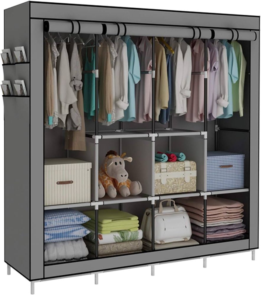 Most Recently Released Amazon: Accstore Portable Wardrobe Clothing Wardrobe Shelves Clothes  Storage Organiser With 4 Hanging Rail,grey : Home & Kitchen Pertaining To Portable Wardrobes (Photo 3 of 10)