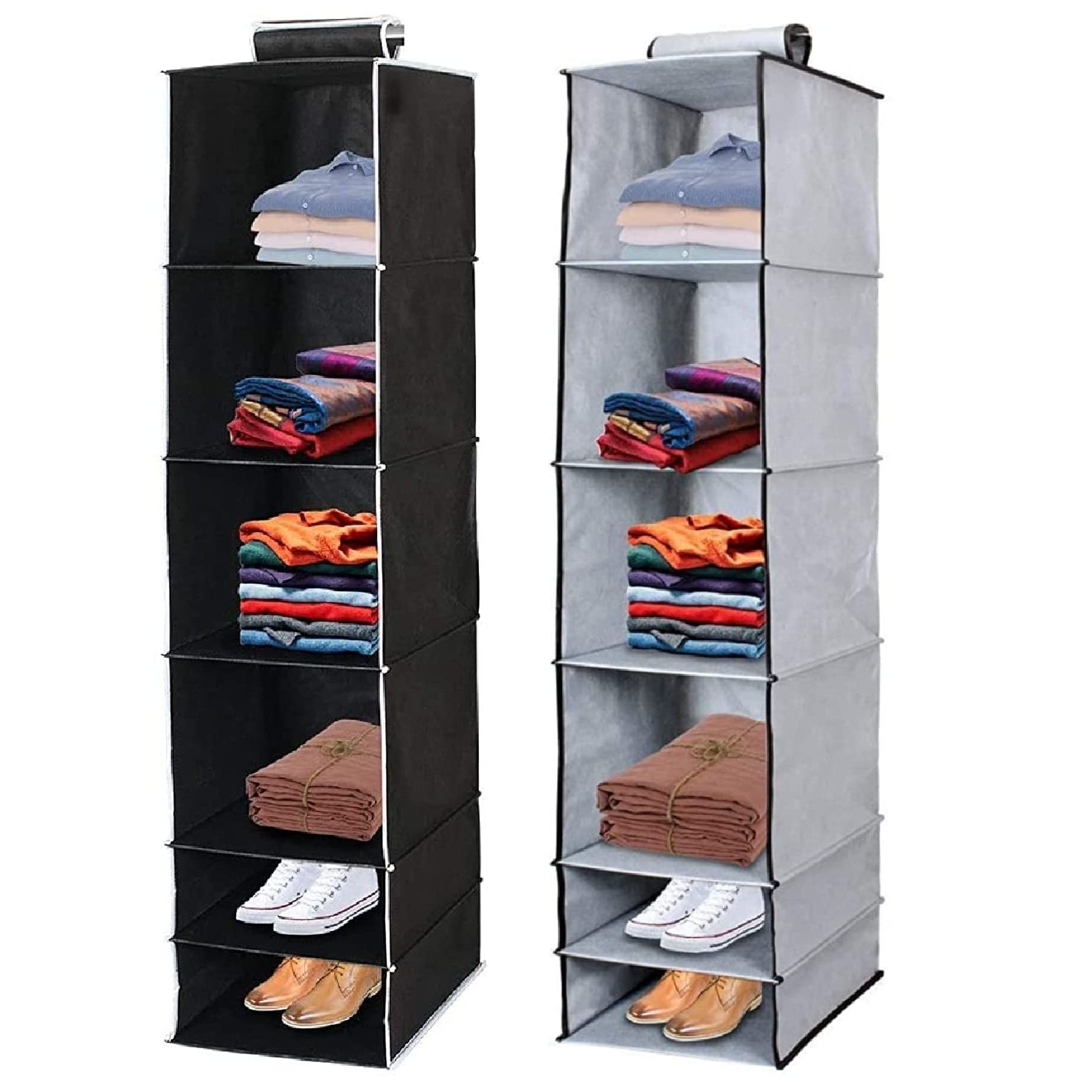 Most Up To Date 6 Shelf Wardrobes In Shubhkraft 6 Shelf/compartment Closet Cloth Hanging Organizer/clothes  Storage Wardrobe Organiser For Almirah (pack Of 2, Black & Grey) (non Woven  Fabric With Engineered Wood Inside) : Amazon.in: Home & Kitchen (Photo 3 of 10)