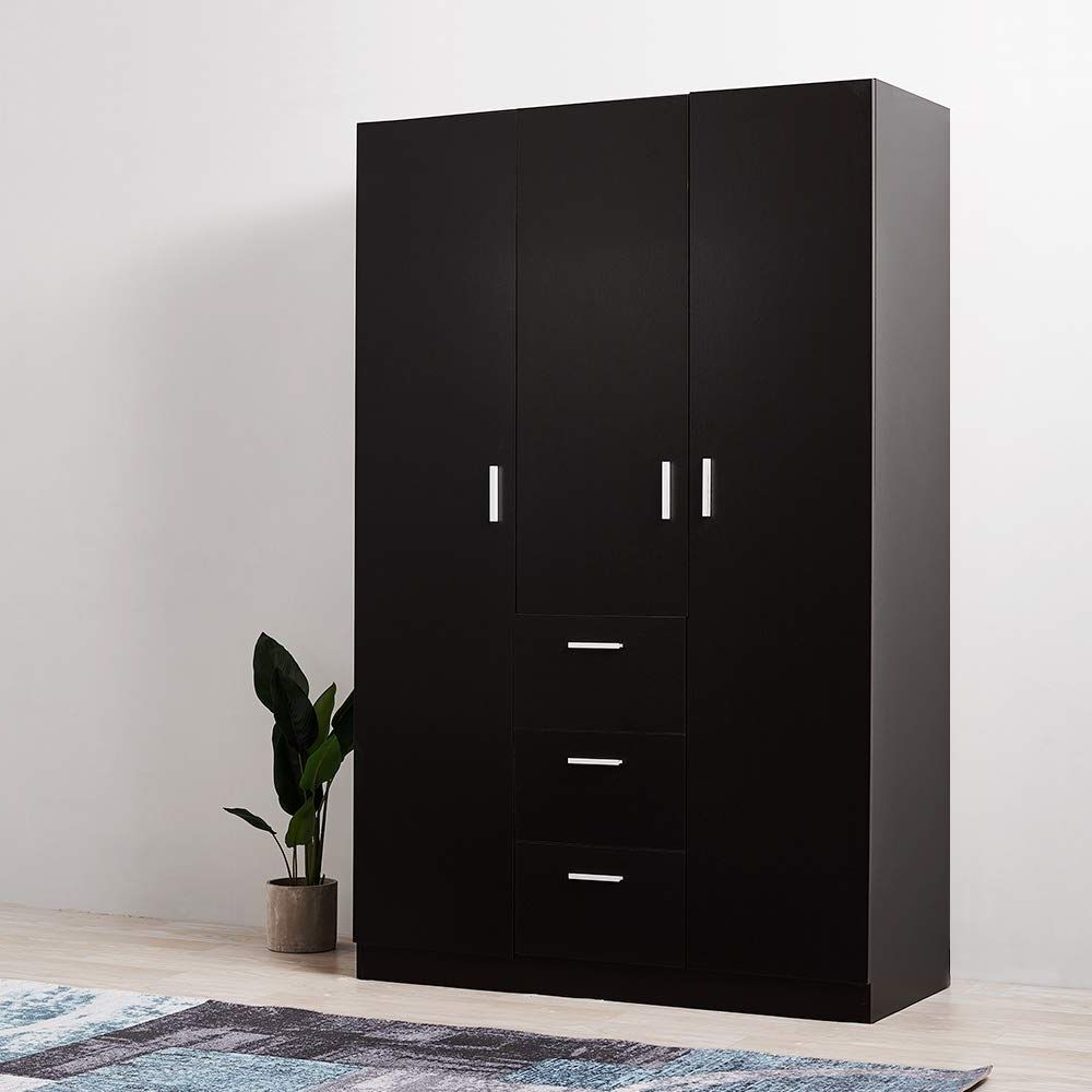 Most Up To Date Modern 3 Doors 3 Drawers Wardrobes With Hanging Rail Large Triple Clothes  Storage Cupboard Unit For Home Bedroom, Black : Amazon.co.uk: Home & Kitchen In Wardrobes With 3 Drawers (Photo 4 of 10)
