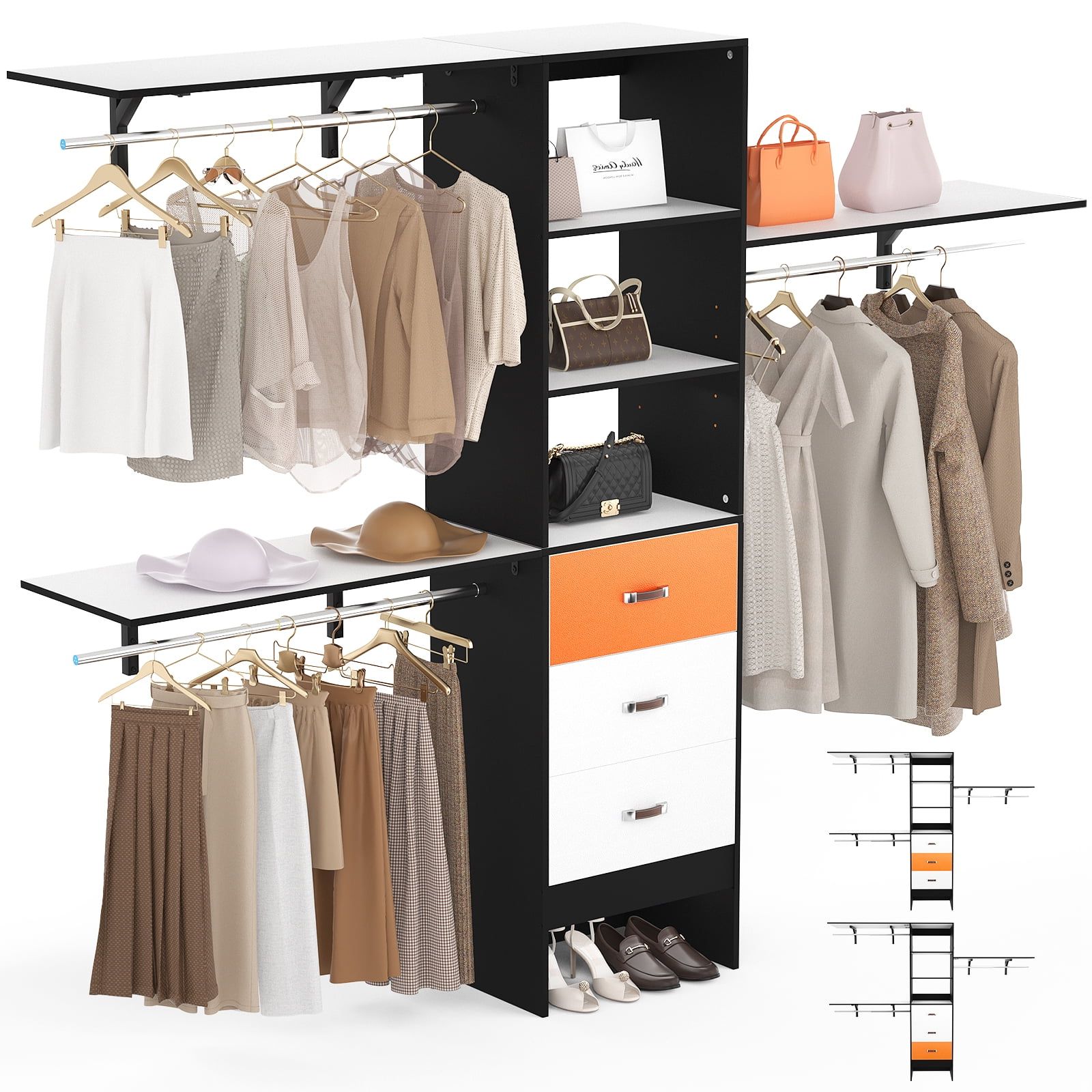 Most Up To Date Wardrobes With 3 Shelving Towers With Homieasy 96 Inches Closet System, 8ft Walk In Closet Organizer With 3  Shelving Towers, Heavy Duty Clothes Rack With 3 Drawers, Built In Garment  Rack, 96" L X 16" W X 75" H, (Photo 1 of 10)