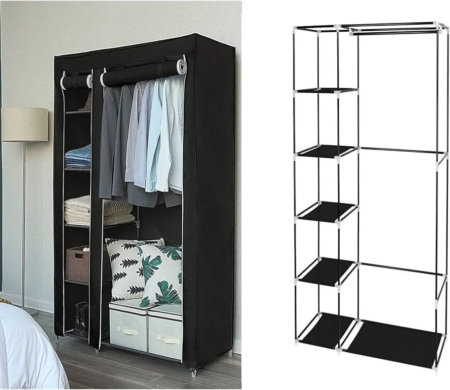 Newest 6 Shelf Non Woven Wardrobes Inside Amazon: 6 Shelves Black Closet Wardrobe, Portable Closet For Bedroom,  Clothes Hanging Rail With Non Woven Fabric Cover, Clothes Storage Organizer  : Home & Kitchen (Photo 3 of 10)