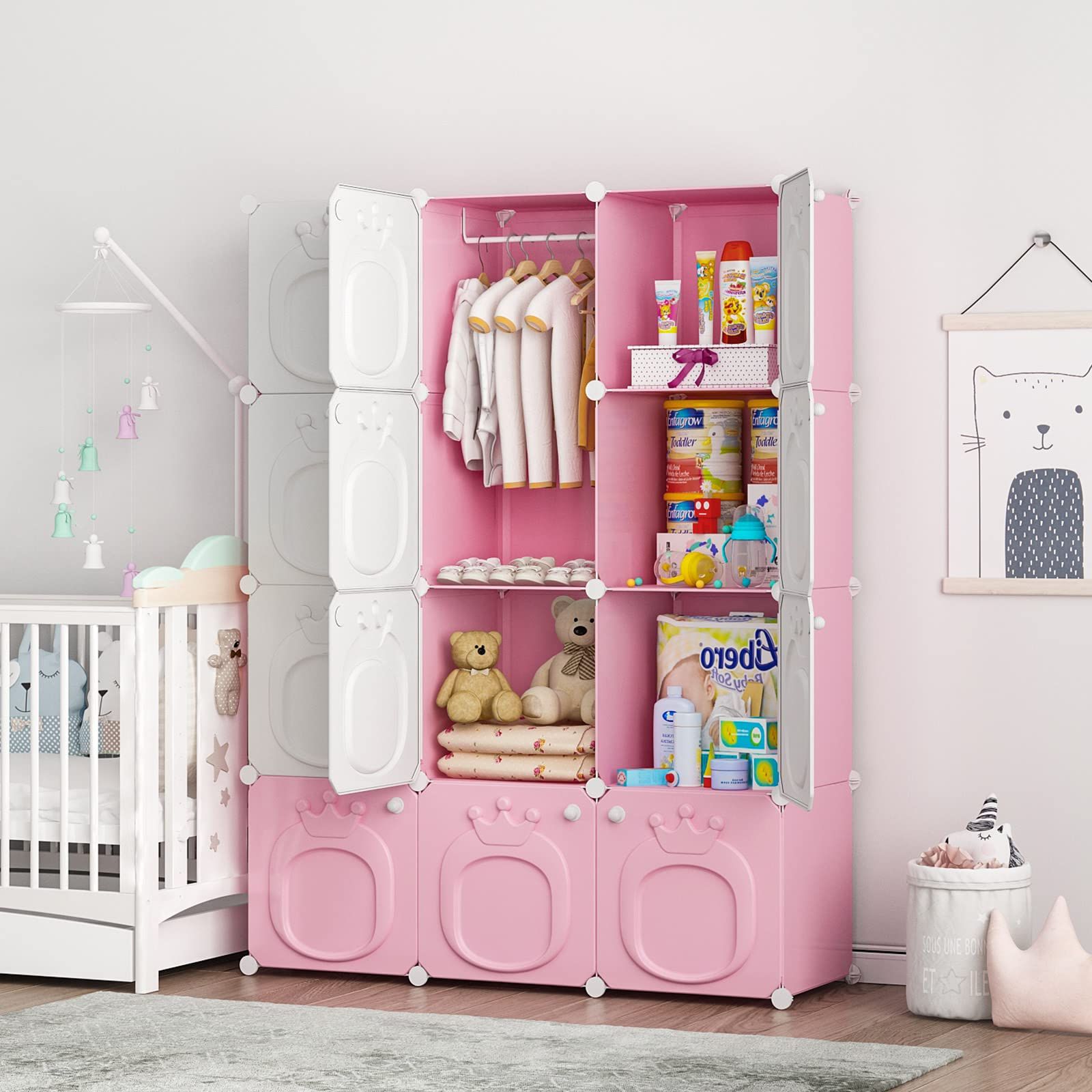 Nursery Wardrobes Inside Popular Amazon: Maginels Kids Closet Baby Wardrobe Dresser For Kids Bedroom  Nursery Armoire Clothes Hanging Closet With Doors, Pink, 12 Cubes : Home &  Kitchen (Photo 1 of 10)