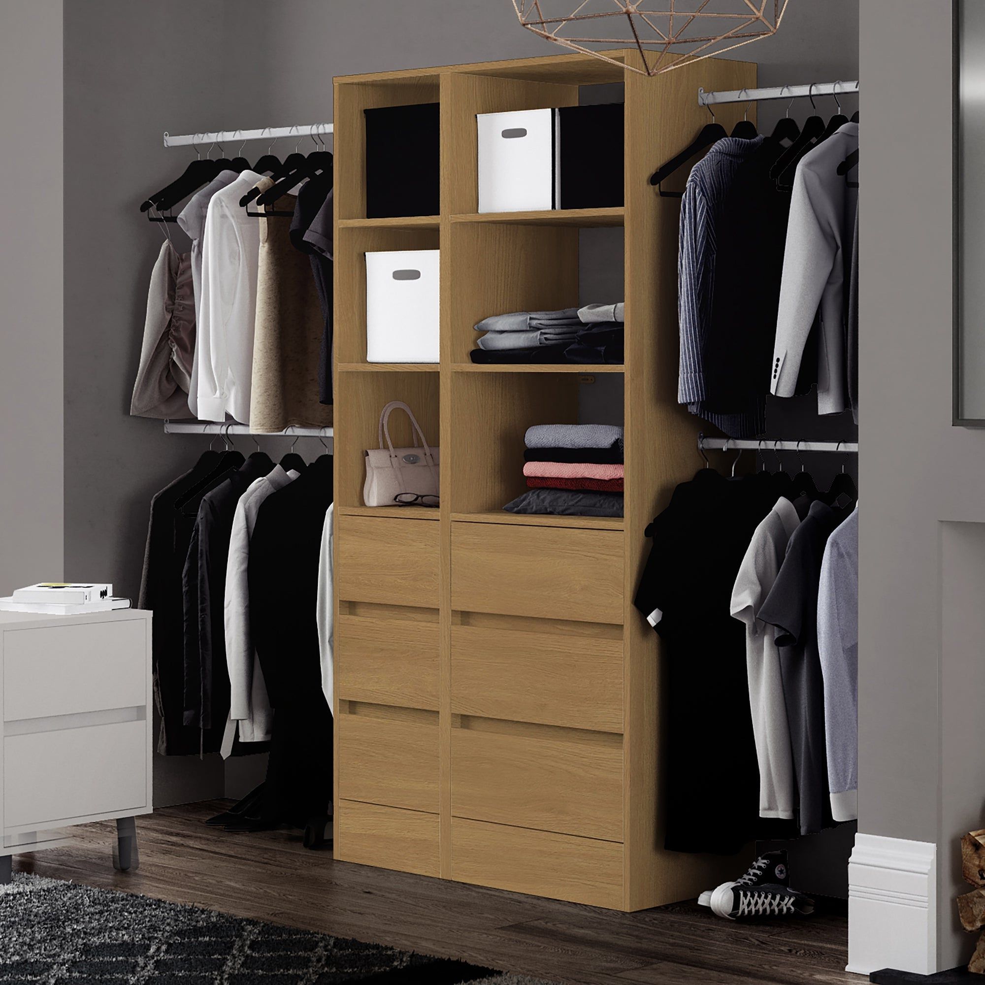Oak Deluxe 3 Drawer Soft Close Wardrobe Tower Shelving Unit With Hanging  Bars – Interiors Plus Pertaining To Fashionable 3 Shelving Towers Wardrobes (View 2 of 10)