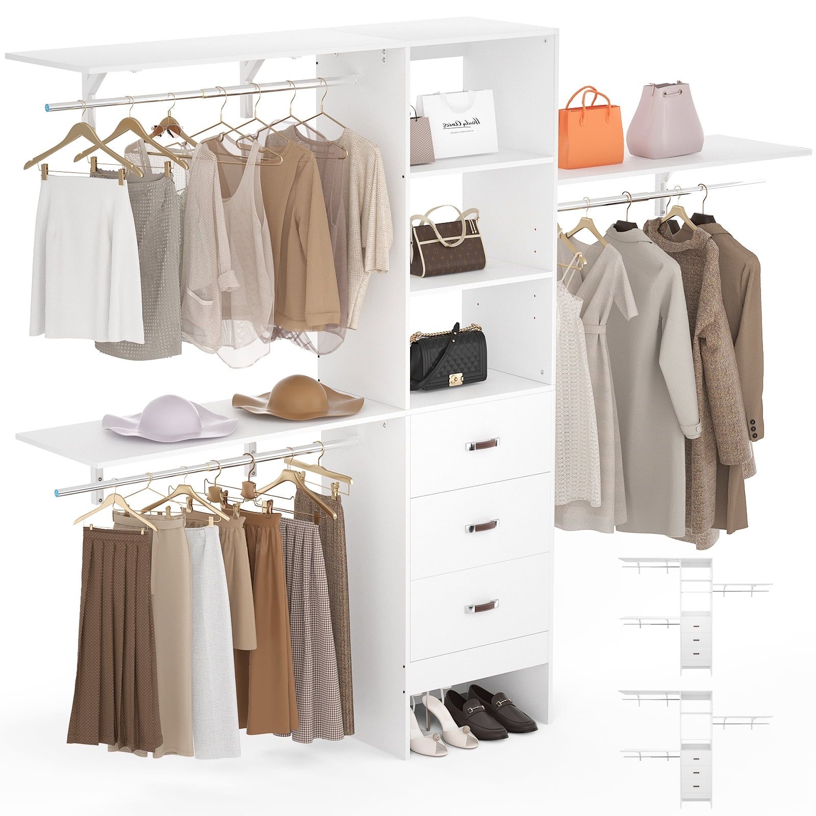 Popular 3 Shelving Towers Wardrobes Intended For Homieasy 96 Inches Closet System, 8ft Walk In Closet Organizer With 3  Shelving Towers, Heavy Duty Clothes Rack With 3 Drawers, Built In Garment  Rack, 96" L X 16" W X 75" H, (View 6 of 10)