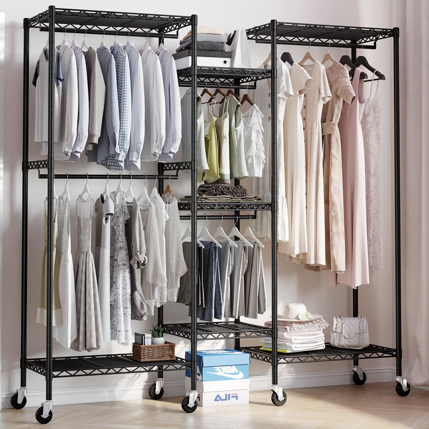 Preferred Amazon: Hokeeper Heavy Duty Rolling Wire Garment Rack With Rubber  Wheels, Metal Clothing Rack For Hanging Clothes Freestanding Closet  Organizer Portable Clothes Rack Wardrobe With 7 Shelves & 5 Hanging Rods : Regarding Wire Garment Rack Wardrobes (Photo 1 of 10)