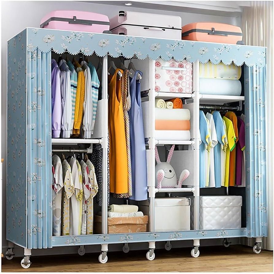 Preferred Amazon: Kdfwyds Portable Closet With Wheels Extra Large Wardrobe Closet  For Hanging Clothes With 4 Hanging Rods, 5 Clothes Storage Organizer  Shelves For Bedroom (color : Blue A, Size : 200x45x170cm) : Home & Kitchen With Extra Wide Portable Wardrobes (View 8 of 10)