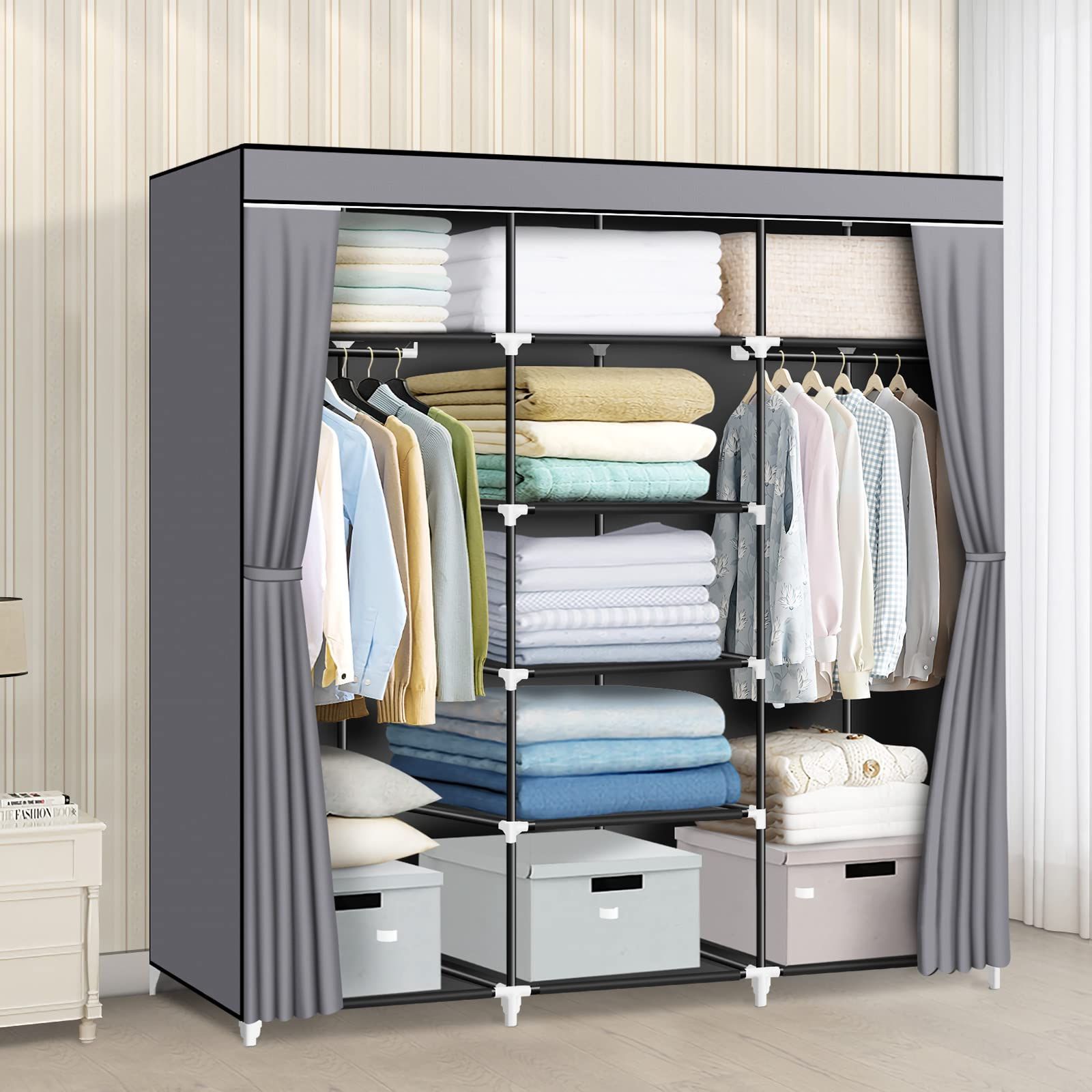 Preferred Amazon: Lokeme Portable Closet, 55.5 Inch Wardrobe Closet For Hanging  Clothes With 2 Hanging Rods, 9 Clothes Storage Organizer Shelves, Gray  Closet Extra Durable, Quick And Easy To Assemble : Home & Kitchen Regarding Wardrobes With Shelf Portable Closet (Photo 2 of 10)