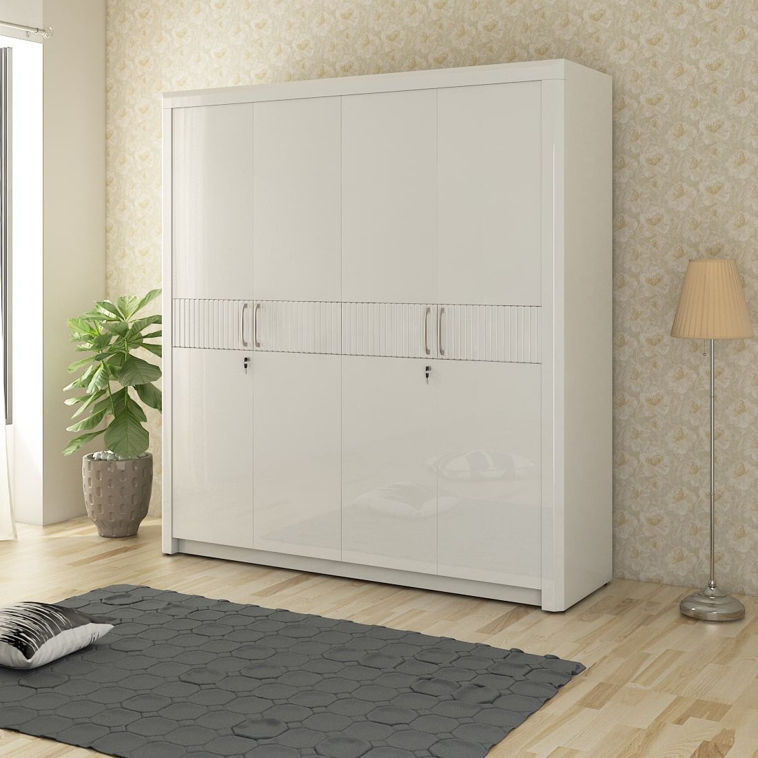 Preferred Arctic White Wardrobes Intended For Kosmo Arctic 4 Door Wardrobe High Gloss White (View 5 of 10)