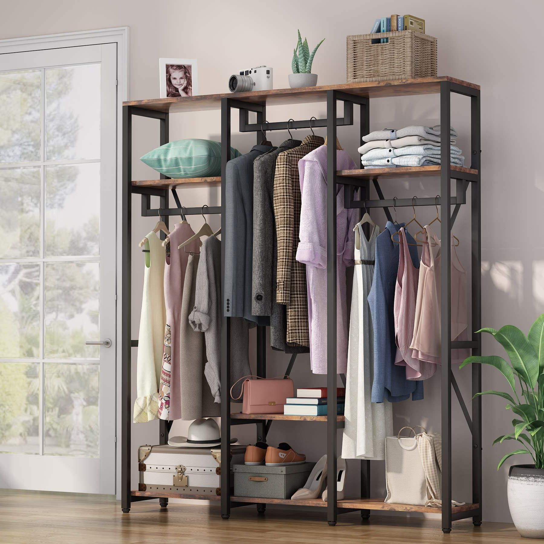 Recent Amazon: Tribesigns Freestanding Closet Organizer, Industrial 3 Rod  Garment Rack With 4 Tier Storage Shelf, Rustic Wardrobe Rack Clothes Rack  For Hanging Clothes And Storage (brown) : Home & Kitchen Intended For Wardrobes With Garment Rod (Photo 4 of 10)