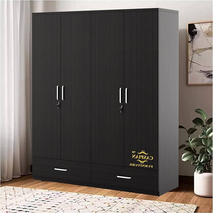 Recent Caspian Furniture 4 Door Wooden Wardrobe With 3 Drawers 8 Shelves And  Clothes Hanging Space Home Storage Cabinet Shoerack (coffee Black Size 75 X  60 X 19 Inches) (coffee Black Without Mirror) : Amazon (View 8 of 10)