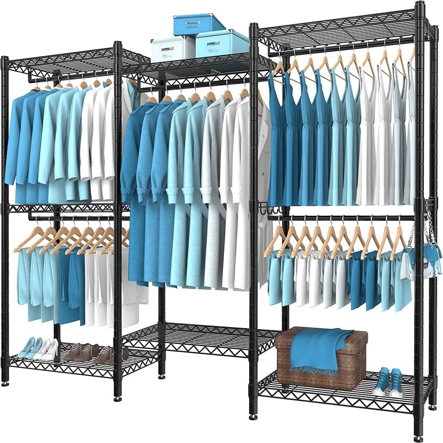 Trendy Extra Wide Portable Wardrobes Inside Amazon: Punion Portable Wardrobe Rack, 7 Tiers Wire Shelving Black  Garment Rack, Compact Extra Large Clothing Racks Metal With 5 Hanging Rods,  1 Pair Side Hooks For Hanging Clothes : Clothing, Shoes & Jewelry (View 10 of 10)