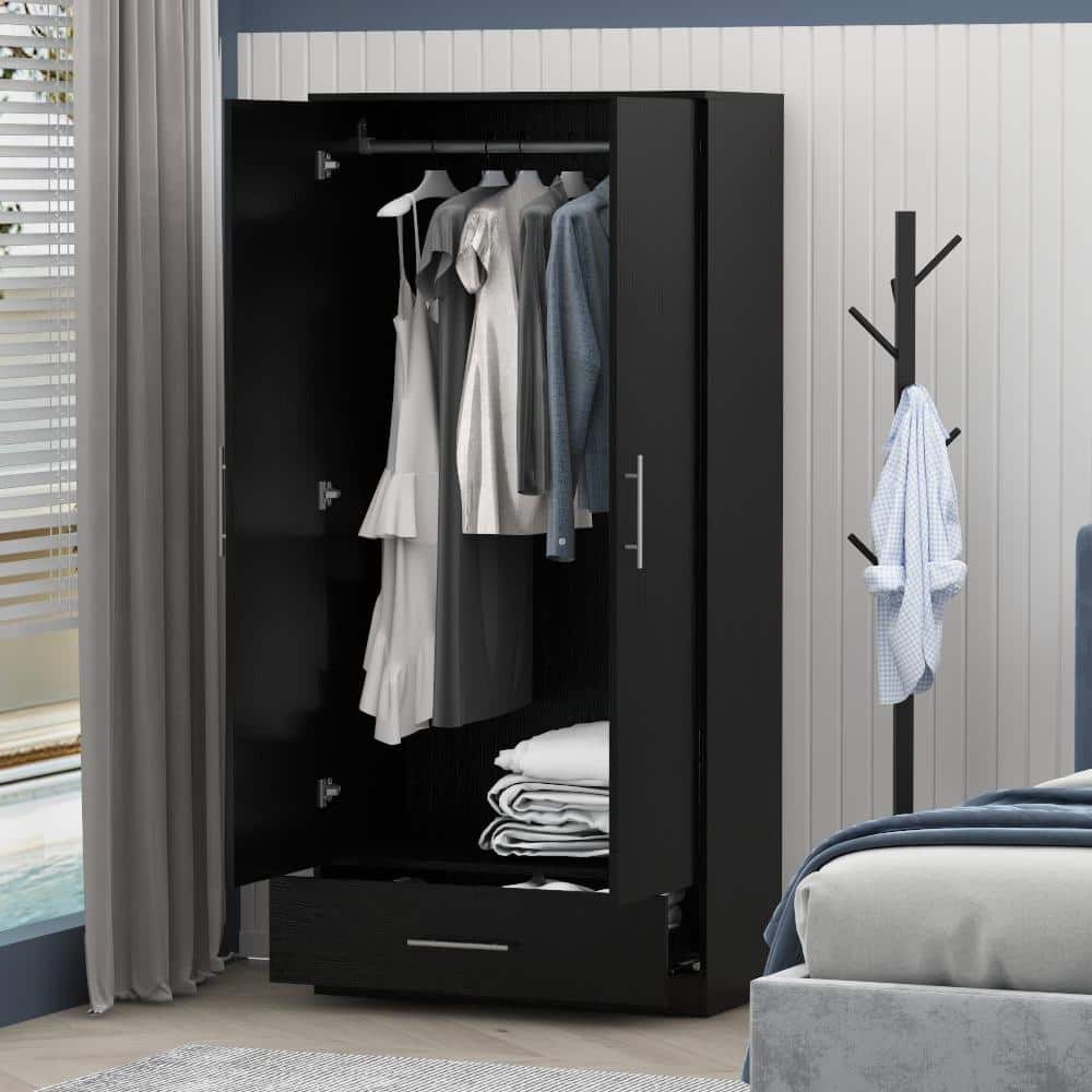 Trendy Fufu&gaga Black 2 Door Wardrobe Armoire With 1 Drawers And Hanging Rod 66.9  In. H X 31.5 In. W X 18.9 In (View 5 of 10)
