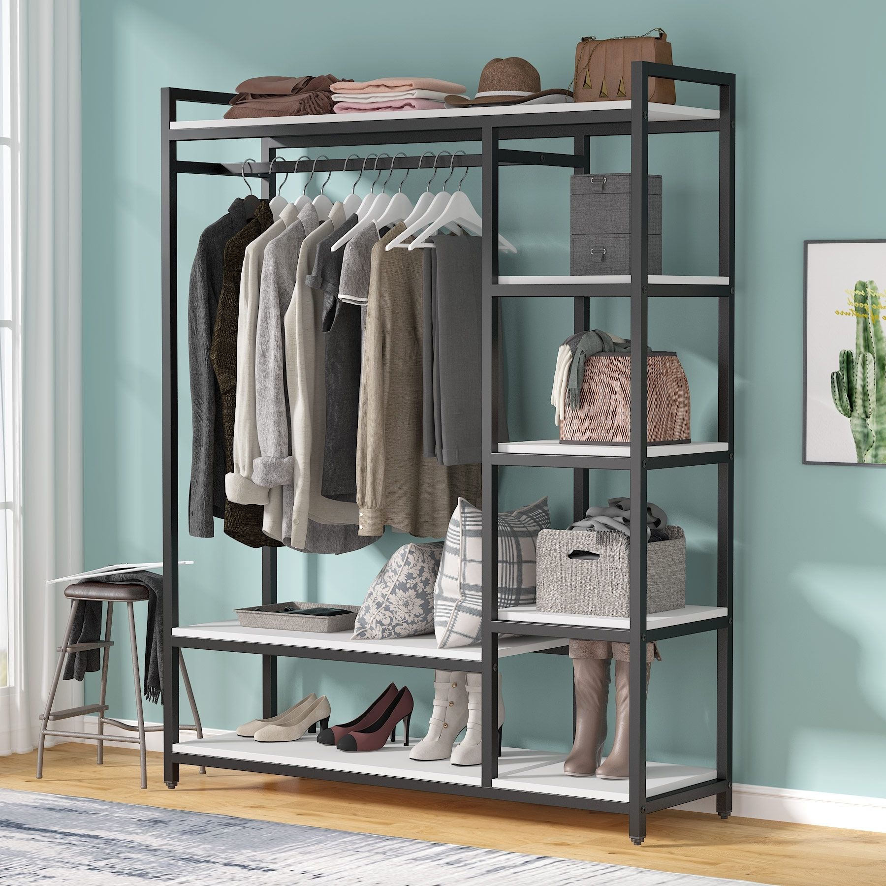 Tribesigns Free Standing Closet Organizer With 6 Storage Shelves And  Hanging Bar, Large Standing Clothes Garment Rack – On Sale – Bed Bath &  Beyond – 32566944 Intended For Most Recently Released 6 Shelf Wardrobes (View 6 of 10)