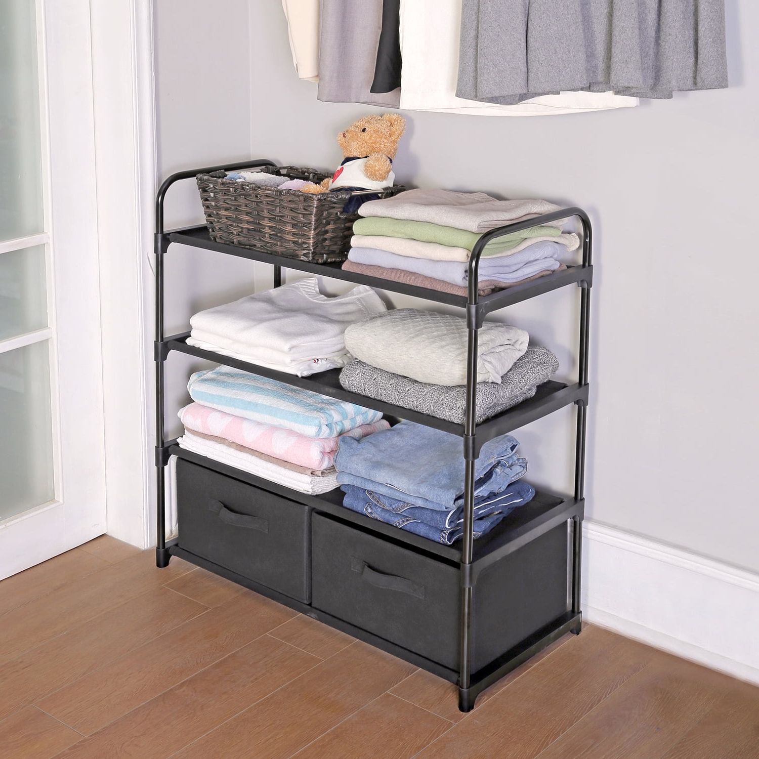 Wardrobes With 2 Bins In Most Popular Mainstays 4 Shelf Home Closet Organizer With 2 Fabric Bins, Black –  Walmart (Photo 5 of 10)
