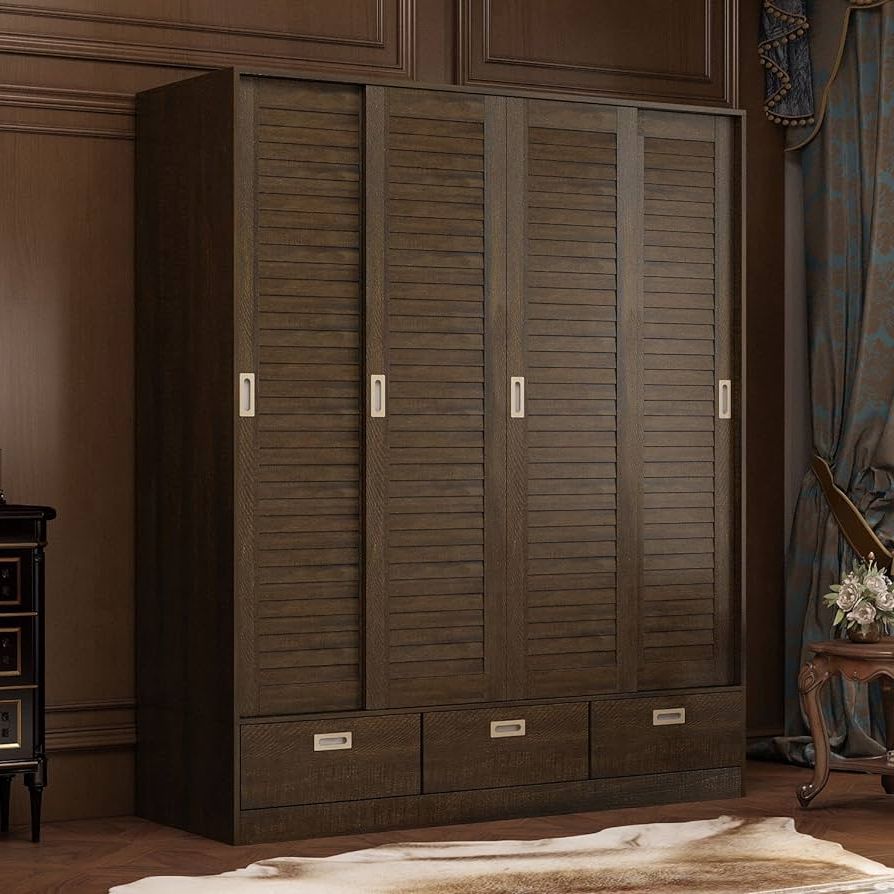 Wardrobes With 4 Shelves Inside Well Known Amazon: Didugo Armoires And Wardrobes 4 Door Wardrobe With Shelves And  Drawers, Sliding Shutter Doors, Armoire Wardrobe Closet With 3 Clothing  Rods, Brown (59.1”w X 20.9”d X  (View 4 of 10)
