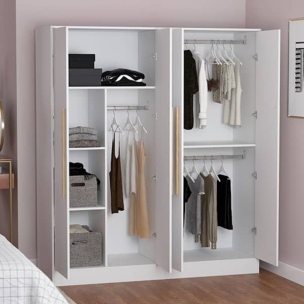 Wardrobes With 4 Shelves Within Trendy Fufu&gaga White 4 Door Wardrobe Armoires With Hanging Rod And Storage  Shelves (70.9 In. H X 63 In. W X 19.7 In. D) Kf210109 Xin – The Home Depot (Photo 5 of 10)