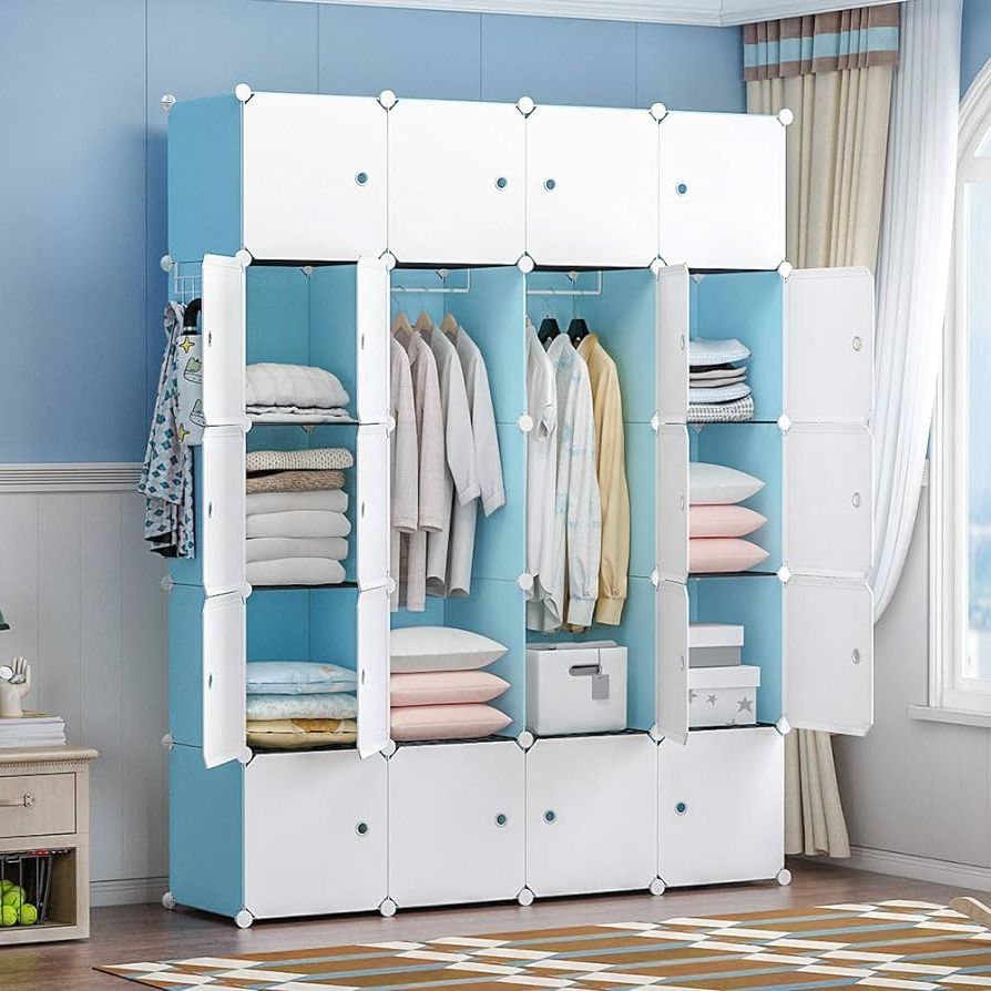 Wardrobes With Cube Compartments Regarding Recent Amazon: George&danis Portable Wardrobe Closet Cube Storage Cube  Organizer Cube Shelf Armoire Bedroom Dresser (56x14x71 Inches) 4x5 Tiers,  Blue : Home & Kitchen (View 9 of 10)
