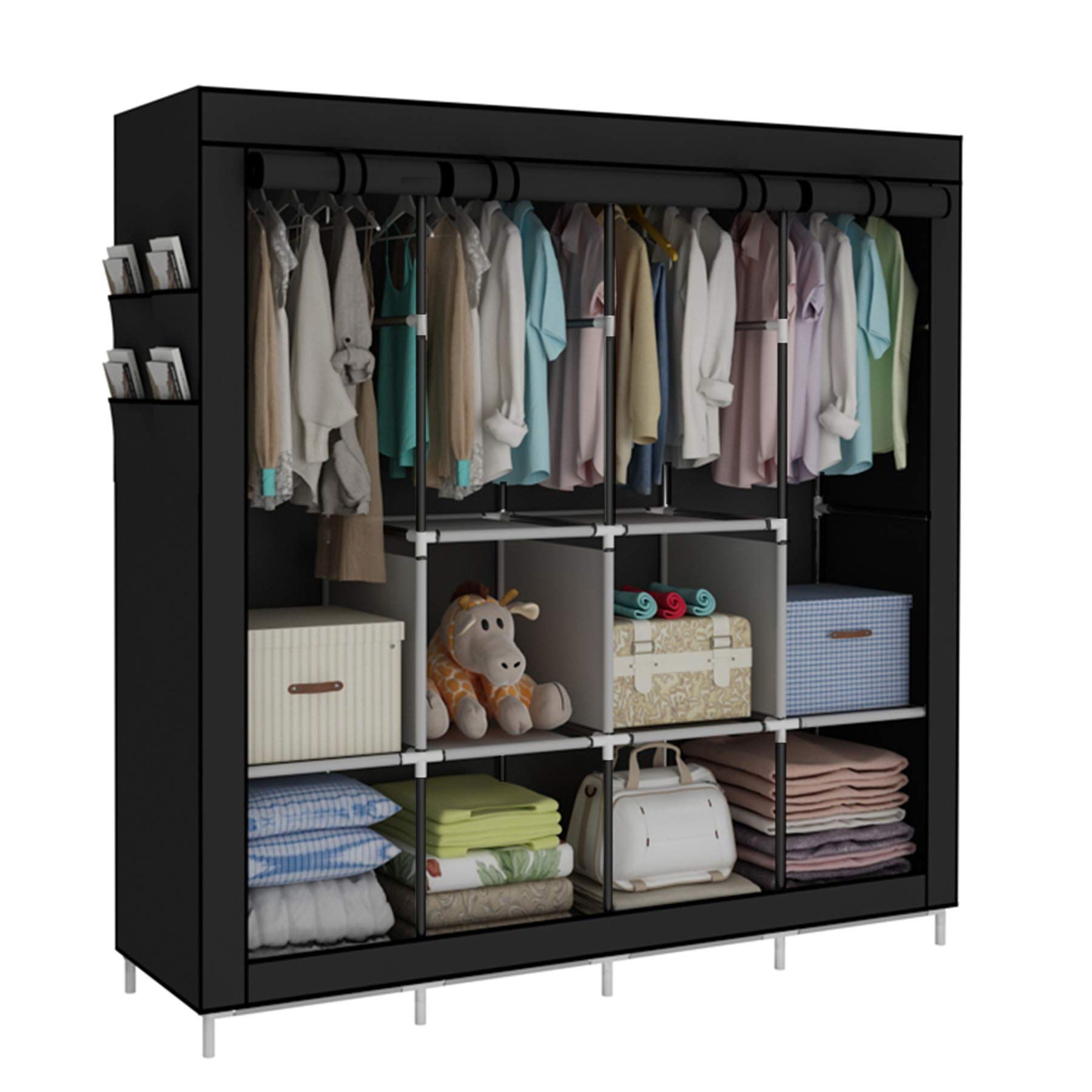 Wardrobes With Shelf Portable Closet For Current Amazon: Accstore Portable Wardrobe Clothing Wardrobe Shelves Clothes  Storage Organiser With 4 Hanging Rail,black : Home & Kitchen (Photo 3 of 10)