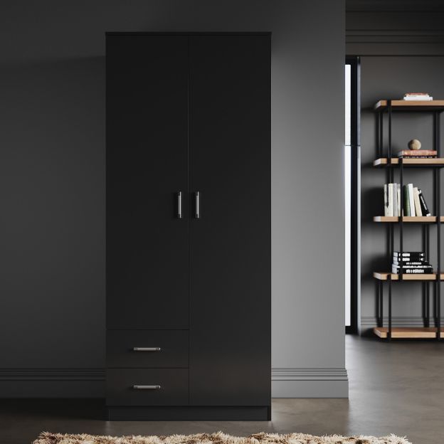 Wardrobes With Two Drawers Regarding Well Liked Elegant 2 Drawers 2 Doors Black Free Standing Wardrobe With Large Hanging  Space (Photo 10 of 10)