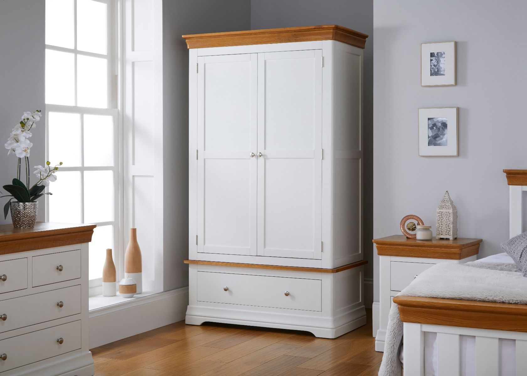 Wardrobes With Two Drawers With Regard To Fashionable White Painted Double Oak Wardrobe – Free Delivery (View 4 of 10)