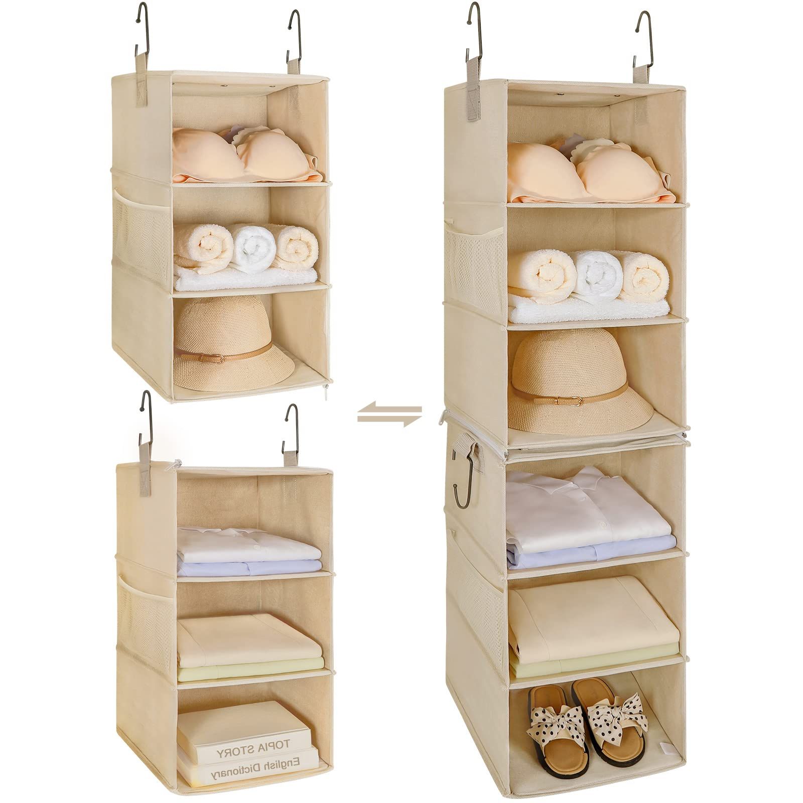 Well Known 2 Separable Wardrobes Regarding Amazon: Topia Home 6 Shelf Hanging Closet Organizer, Two Separable  3 Tier Thickened Fabric Hanging Closet Shelves With Mesh Pockets,  Collapsible Closet Organizers And Storage Organization, Beige : Home &  Kitchen (View 8 of 10)