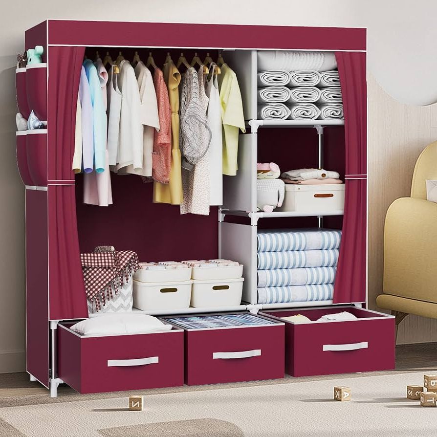 Well Known Loefme Canvas Wardrobe, Burgundy Red Fabric Wardrobes For Bedroom With 3  Storage Boxes, Portable Wardrobe Shelves, 105 * 45 * 165cm Size, Folding  Wardrobe, 16mm Pipe Diameter Fabric Closet : Amazon.co (View 4 of 10)