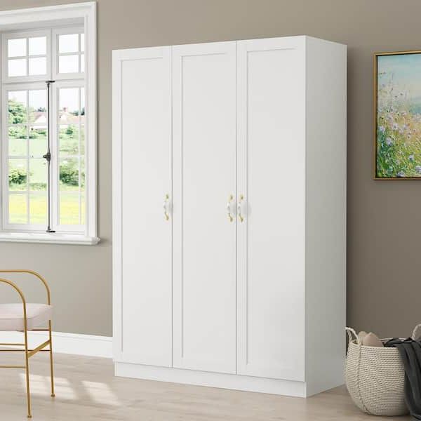 Well Known Wardrobes With 3 Hanging Rod Throughout Fufu&gaga White 3 Doors Armoires Wardrobe With Hanging Rod And Storage  Cubes 69.6 In. H X 47.2 In. W X 19.6 In (View 6 of 10)
