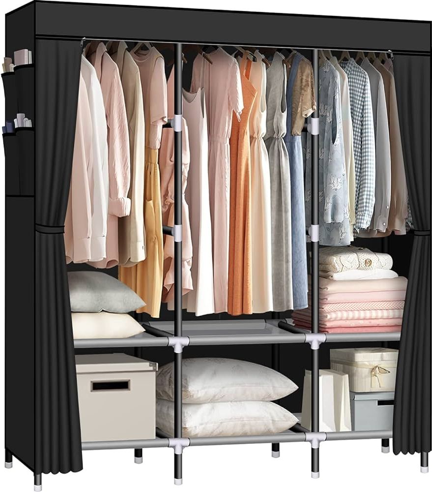 Well Liked Amazon: Lokeme Portable Wardrobe, 61 Inch With 3 Hanging Rods And 6 Storage  Shelves, Non Woven Fabric, Stable And Easy Assembly Black Portable Closets  For Hanging Clothes With Side Pockets : Home & Kitchen Throughout Wardrobes With Shelf Portable Closet (View 10 of 10)