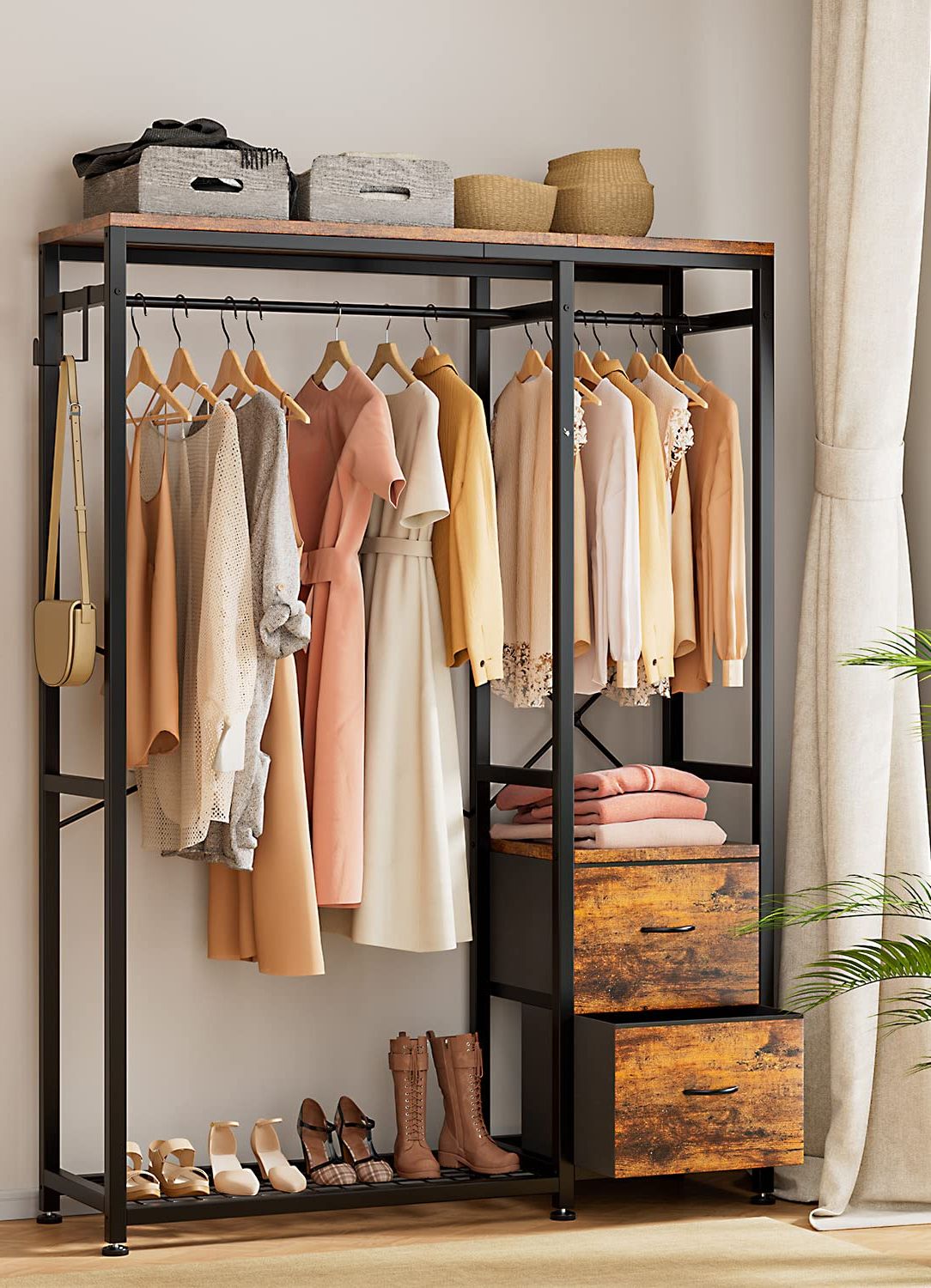 Well Liked Amazon: Lulive Clothes Rack, Heavy Duty Garment Rack For Hanging Clothes,  Industrial Clothing Racks With Shelves, 2 Fabric Drawers, 4 Hooks, 2  Hanging Rods, Freestanding Closet Organizer, Rustic Brown : Home & Kitchen With Wardrobes With Cover Clothes Rack (Photo 10 of 10)