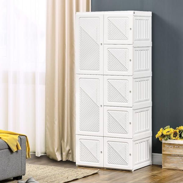 Well Liked Homcom Portable Wardrobe Closet, Folding Armoire, Storage Organizer With  Cube Compartments, Hanging Rod, Magnet Doors, White 831 559 – The Home Depot Regarding Portable Wardrobes (Photo 10 of 10)