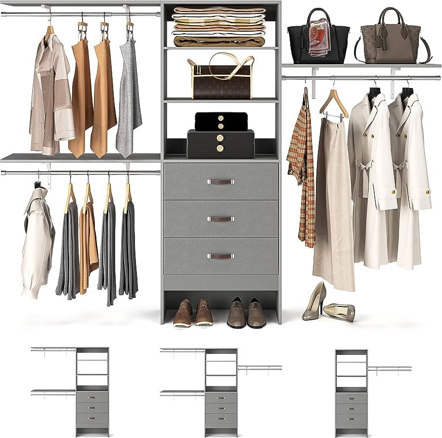 Well Liked Wardrobes With 3 Shelving Towers Inside Amazon: Armocity 96 Inches Closet System, 8ft Walk In Closet Organizer  With 3 Shelving Towers, Heavy Duty Clothes Rack With 3 Drawers, Built In  Garment Rack, 96" L X 16" W X 75" (View 6 of 10)