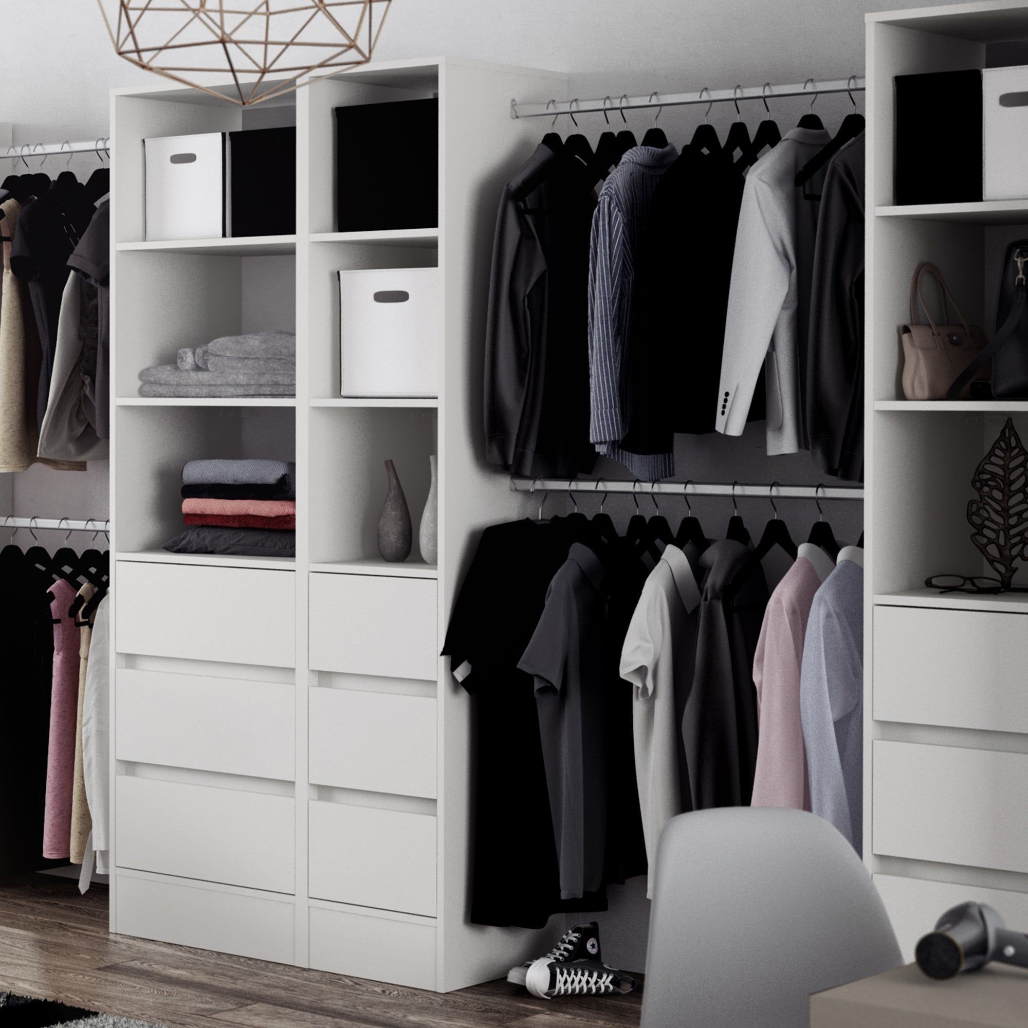 White Deluxe 3 Drawer Wardrobe Tower Shelving Unit With Hanging Bars –  Interiors Plus With Regard To Widely Used 3 Shelving Towers Wardrobes (View 3 of 10)