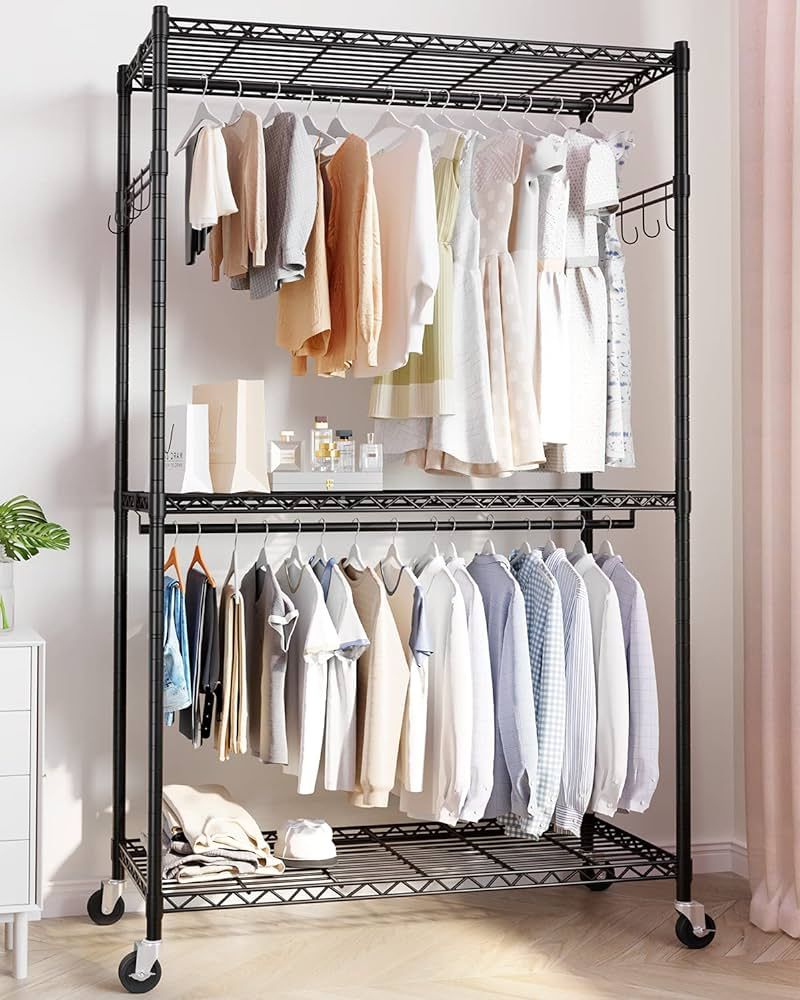 Wire Garment Rack Wardrobes Intended For Newest Amazon: Hokeeper Heavy Duty Wire Garment Rack Clothes Rack With Shelves  And Double Rods, Rolling Clothing Rack For Hanging Clothes, Portable  Freestanding Closet Storage Shelves Rack With Wheels And Hooks : Home (View 4 of 10)