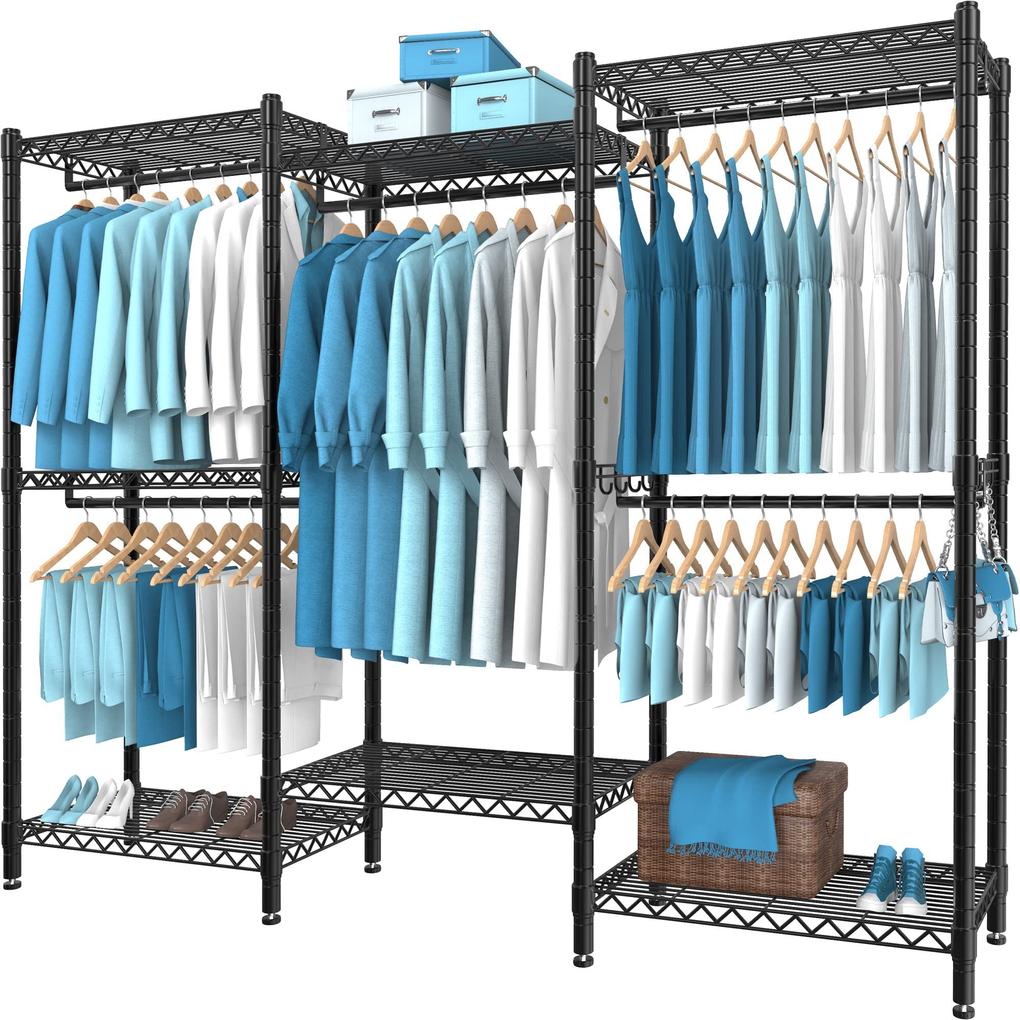 Wire Garment Rack Wardrobes Pertaining To Well Known Amazon: Punion Portable Wardrobe Rack, 7 Tiers Wire Shelving Black Garment  Rack, Compact Extra Large Clothing Racks Metal With 5 Hanging Rods, 1 Pair  Side Hooks For Hanging Clothes : Clothing, Shoes & Jewelry (Photo 7 of 10)