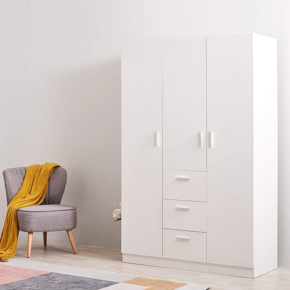 Wooden 3 Doors 3 Drawers Wardrobes With Hanging Rail And Storage Shelves  Modern Large Clothes Cupboards Unit For Bedroom Furniture : Amazon.co.uk:  Home & Kitchen In Latest Wardrobes With 3 Drawers (Photo 8 of 10)