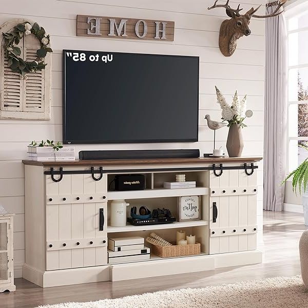 110" Tvs Wood Tv Cabinet With Drawers With Regard To Trendy Amazon: Wampat Farmhouse Tv Stand For Up To 110" Tvs Wood 3 In 1 Tv  Cabinet With Drawers And Adjustable Shelf For Living Room, Cream White :  Home & Kitchen (Photo 6 of 10)