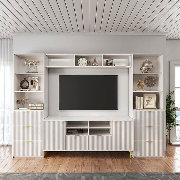 114.2" Fluted Wood Storage 4 Piece Entertainment Center With Bookshelf White  Tv Stand (Photo 2 of 10)