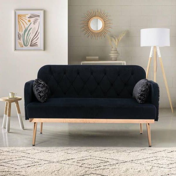 2 Seater Black Velvet Sofa Beds In Favorite Godeer 55 In. W Black Velvet 2 Seater Loveseat With Metal Feet W39536715lxl  – The Home Depot (Photo 7 of 10)