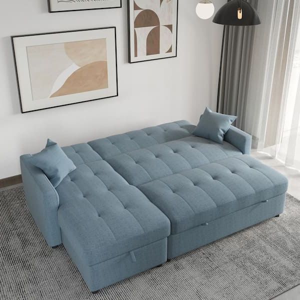 2017 J&e Home 81.9 In. W Blue Cotton Queen Size 4 Seats Reversible Pull Out  Sleeper Sectional Storage Sofa Bed Je Sf2 Lv7047bl – The Home Depot With Regard To Queen Size Convertible Sofa Beds (Photo 4 of 10)