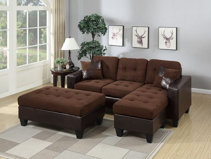 2017 Poundex F6928 2 Pc Nealy Daryl 2 Tone Chocolate Microfiber Fabric  Reversible Sectional Sofa Set Chaise And Ottoman (View 4 of 10)