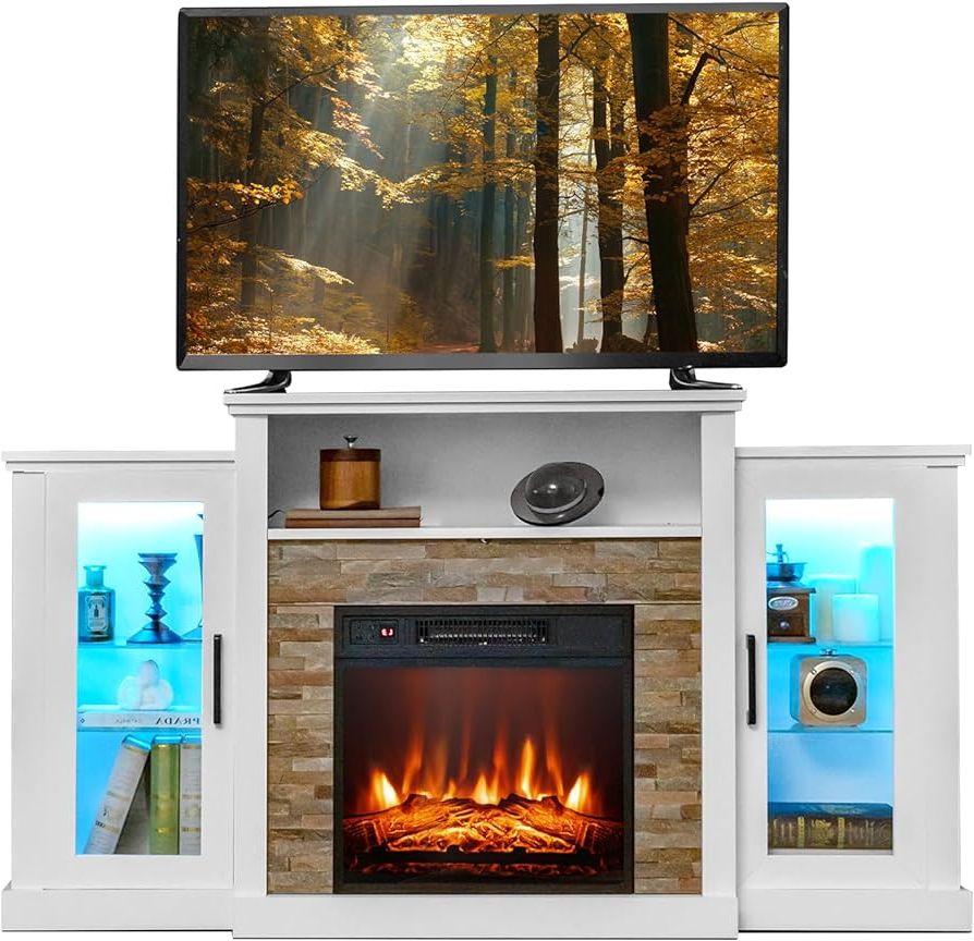 2018 Amazon: Costway Electric Fireplace Tv Stand For Tvs Up To 65 Inches,  18 Inch Fireplace Insert With App Control, Remote Control, 16 Color Lights,  Wooden Entertainment Center With Adjustable Shelves, White : Home With Electric Fireplace Tv Stands (Photo 10 of 10)