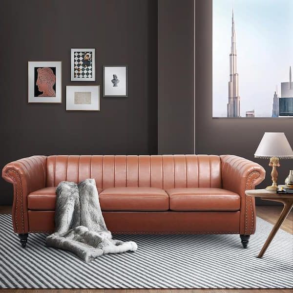 84 In. W Rolled Arm Leather Straight Traditional 3 Seat Sofa In Brown  Y W68033868 – The Home Depot In Preferred Traditional 3 Seater Sofas (Photo 2 of 10)