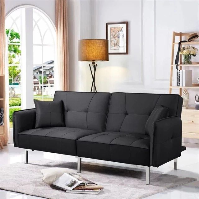 Adjustable Backrest Futon Sofa Beds For Latest Alden Design Fabric Covered Futon Sofa Bed With Adjustable Backrest, Black  Room Decor Couch Lounge Chair (Photo 1 of 10)