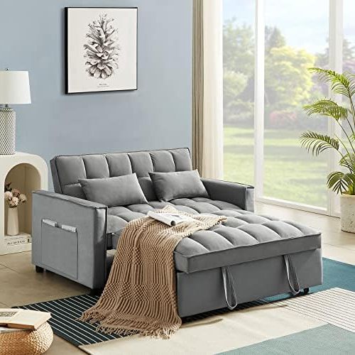 Amazon: 3 In 1 Convertible Sleeper Sofa Bed, Modern Velvet Loveseat  Futon Couch W/pullout Bed, Small Love Seat Lounge Sofa W/reclining  Backrest, Toss Pillows, Pockets, Furniture For Living Room, Grey :  Electronics Pertaining To Most Recently Released Convertible Gray Loveseat Sleepers (Photo 3 of 10)