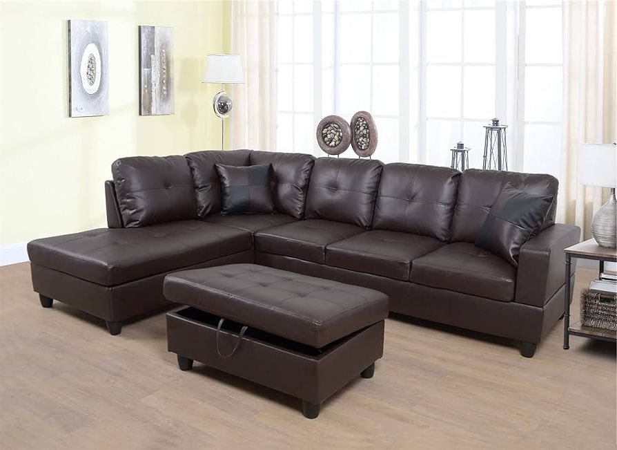 Amazon: 3 Piece Sofa Set For Living Room, Leather Sectional Sofa With  Right Recliner, Free Storage Ottoman And 2 Square Pillows, Leather  Sectional Couches For Living Room, Brown Sectional Couches (brown) : Within Recent 3 Piece Leather Sectional Sofa Sets (Photo 2 of 10)