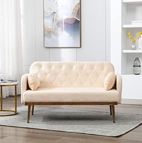 Amazon: 55 Inch Small Velvet Couch With Elegant Moon Shape Pillows,  Twin Size Loveseat Accent Sofa With Golden Metal Legs, Living Room Sofa  With Tufted Backrest, 600 Pounds Weight Capacity, Beige : Home Throughout Newest Elegant Beige Velvet Sofas (Photo 1 of 10)