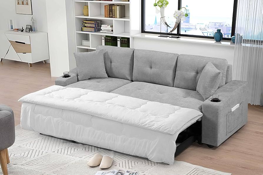 Amazon: Aty L Shape Sectional Sofa With Pull Out Bed And Storage Space,  Right Facing Convertible Sleeper Couch W/chaise Longue, 2 Cup Holders &  Side Pockets, For Living Room, Apartment, 92", Gray : Home & With Regard To Newest Left Or Right Facing Sleeper Sectionals (View 2 of 10)